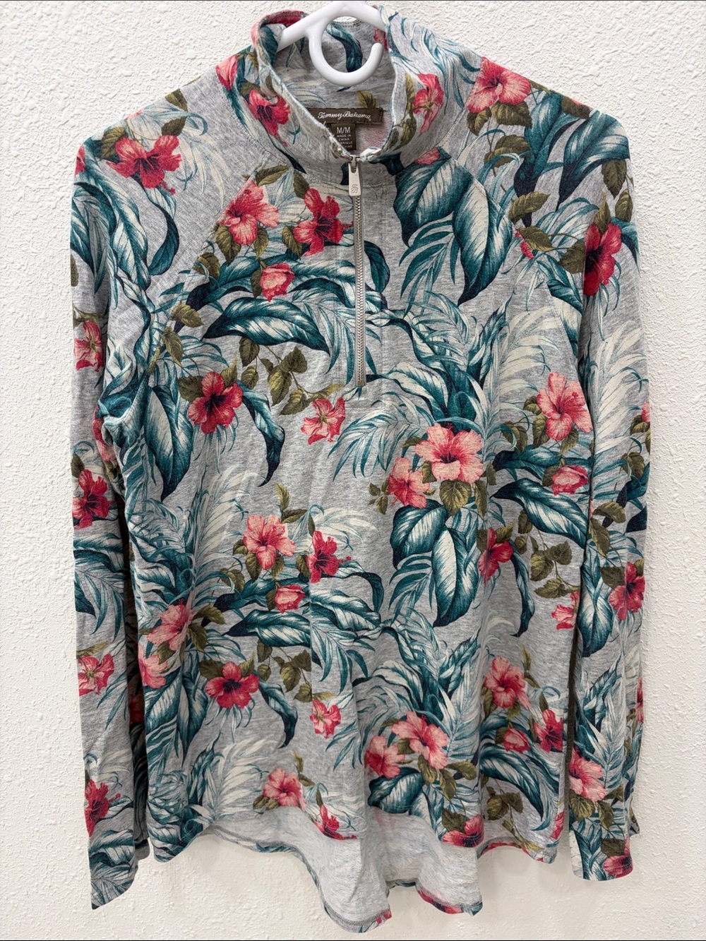 Tommy Bahama Gray Half-Zip Pullover with Teal & Pink Floral Print